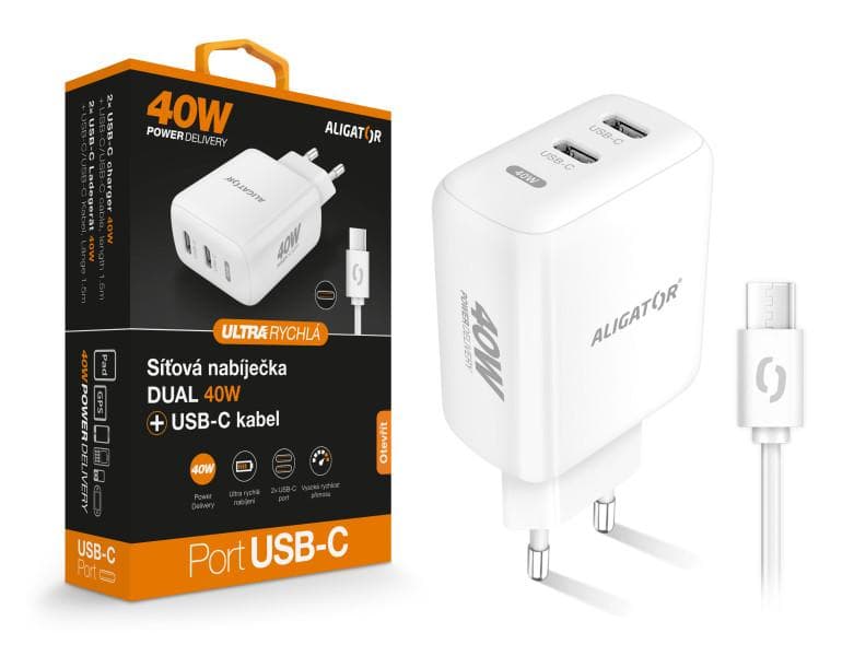 Múdra sieťová nabíjačka ALIGATOR Power Delivery 40W, 2xUSB-C, USB-C/USB-C kábel, biela 1