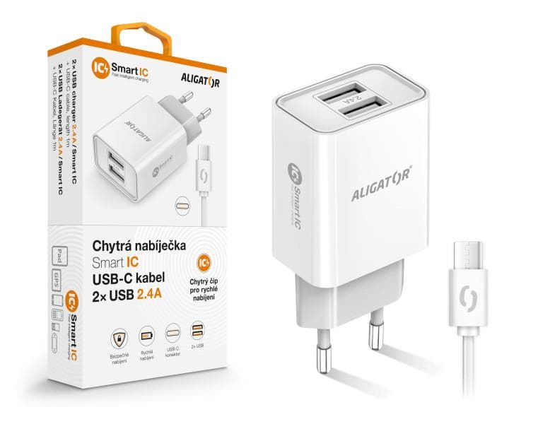 Múdra sieťová nabíjačka ALIGATOR 2,4A, 2xUSB, smart IC, biela, USB-C kábel 1
