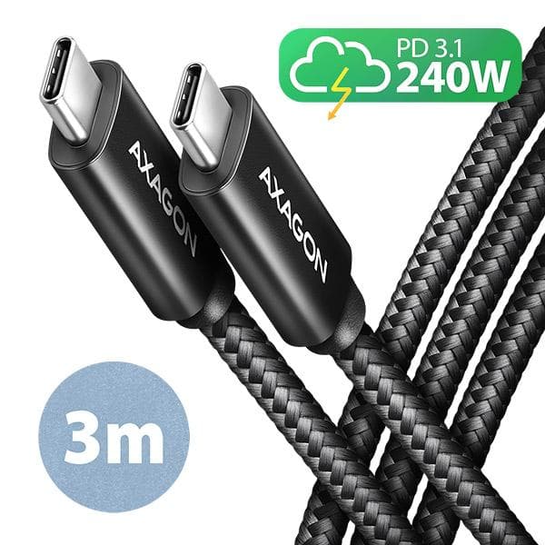 AXAGON BUCM2-CM30AB, CHARGE kábel USB-C <-> USB-C, 3m, Hi-Speed USB, PD 240W 5A, ALU, oplet, čierny 1