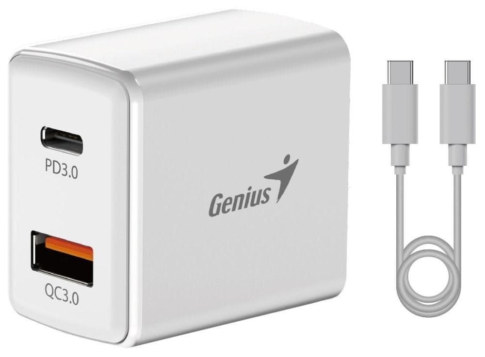 GENIUS nabíjací set PD-20ACP, 20W, rýchle nabíjanie, USB-C PD3.0, USB-A QC3.0, 1m kábel USB-C USB-C, biela 1
