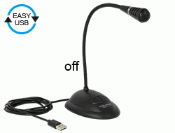 Delock USB mikrofón s husím krkom, stojanom a tlačidlami stlmenia, zapnutia a vypnutia