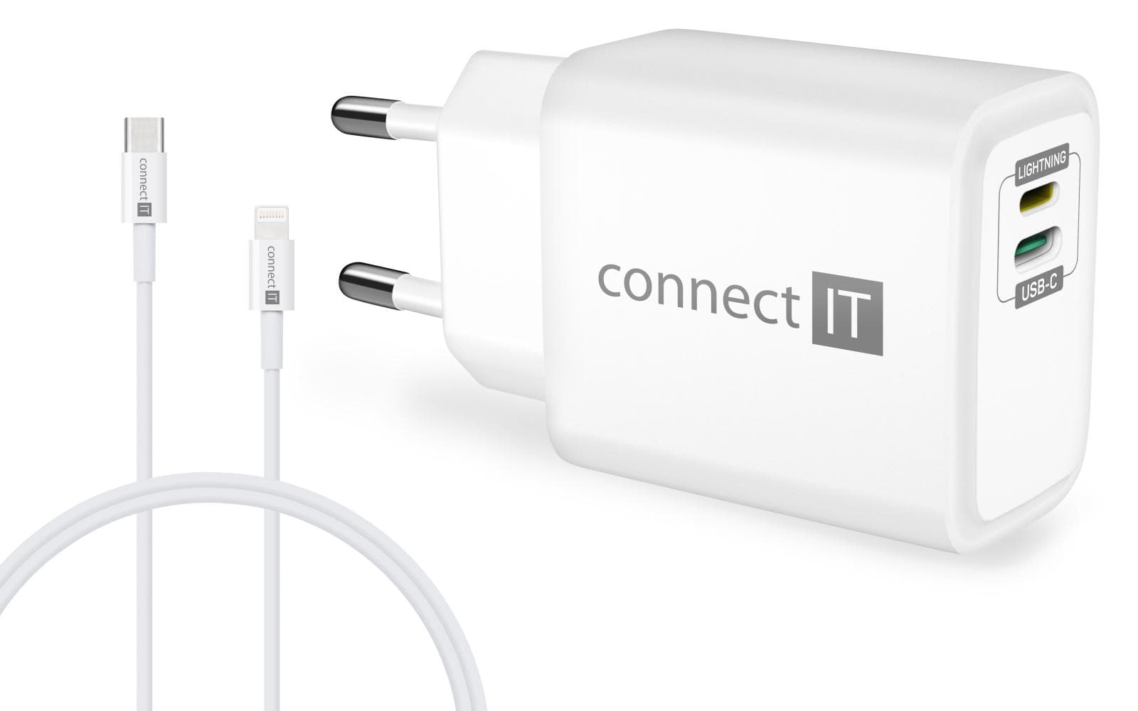 CONNECT IT DUPLEX Nabíjací adaptér 1xLightning + 1×USB-C, 20W, kábel 27W, BIELÝ 1