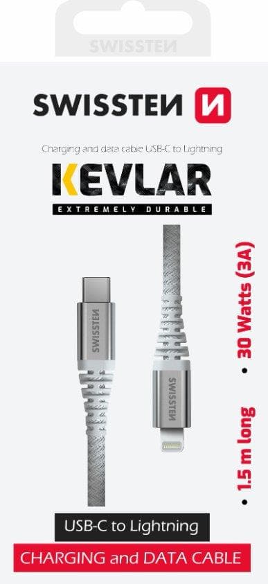 SWISSTEN DÁTOVÝ KÁBEL KEVLAR USB-C / LIGHTNING 1,5 M BIELÝ 1