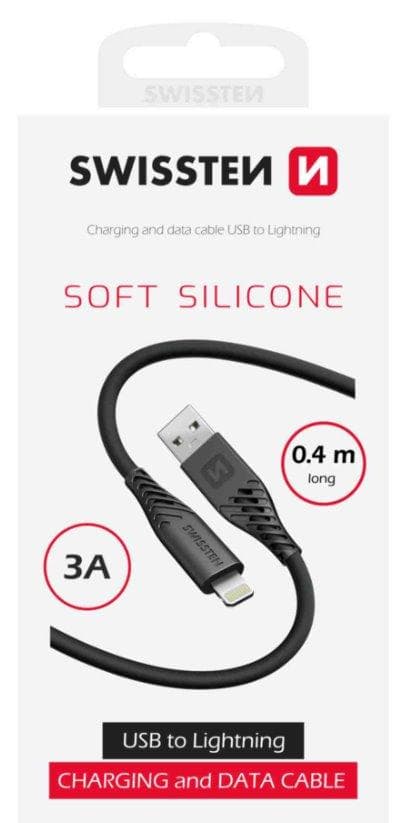 SWISSTEN DÁTOVÝ KÁBEL SOFT SILICONE USB-A / LIGHTNING 0,4 M ČIERNY