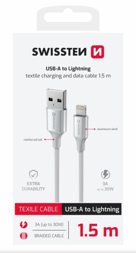 SWISSTEN DÁTOVÝ KÁBEL TEXTILE II USB / LIGHTNING 1,5 M BIELÝ