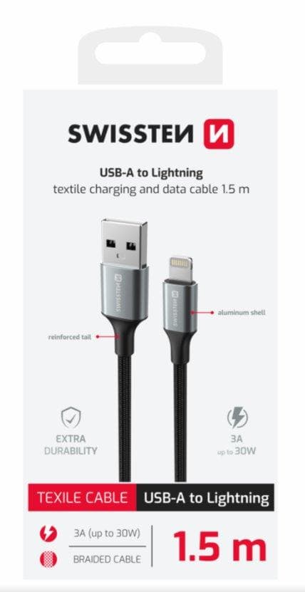 SWISSTEN DÁTOVÝ KÁBEL TEXTILE II USB / LIGHTNING 1,5 M ČIERNY 1