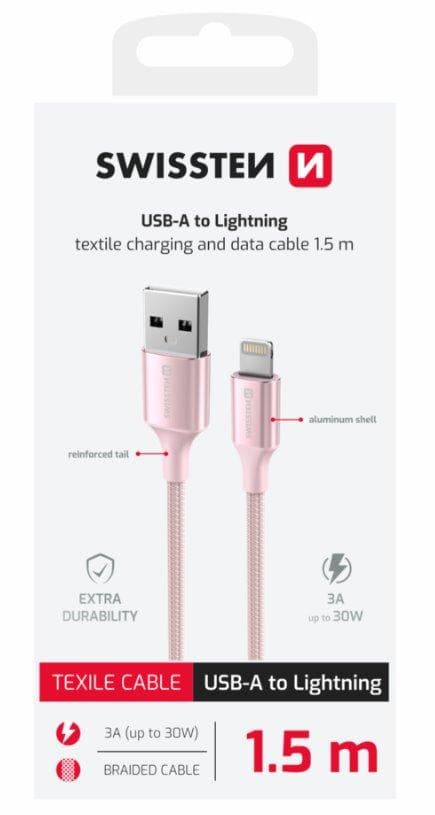 SWISSTEN DÁTOVÝ KÁBEL TEXTILE II USB / LIGHTNING 1,5 M RUŽOVÝ 1