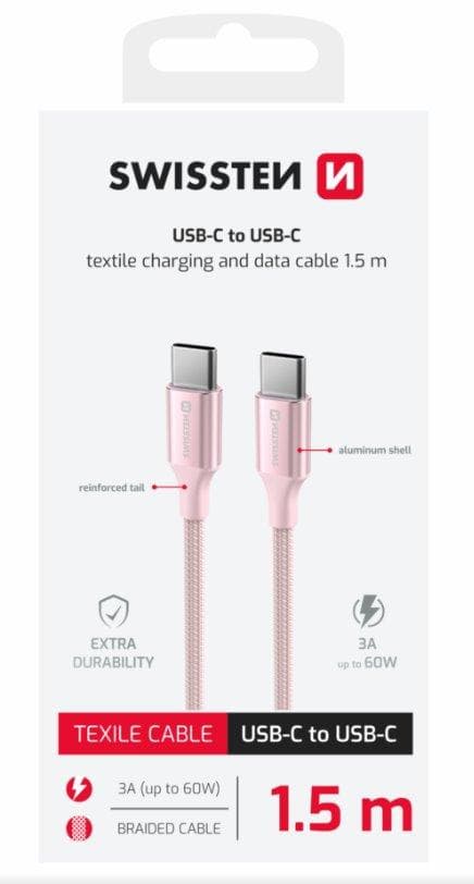 SWISSTEN DÁTOVÝ KÁBEL TEXTILE II USB-C / USB-C 1,5 M RUŽOVÝ 1