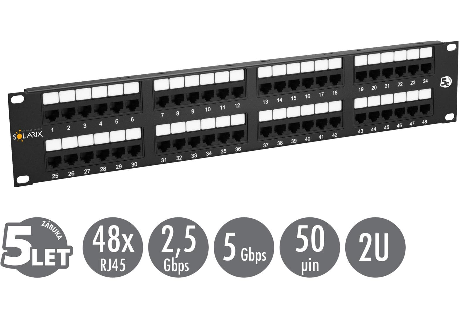 19" patch panel Solarix 48 x RJ45 CAT5E UTP 150 MHz čierny 2U SX48-5E-UTP-BK