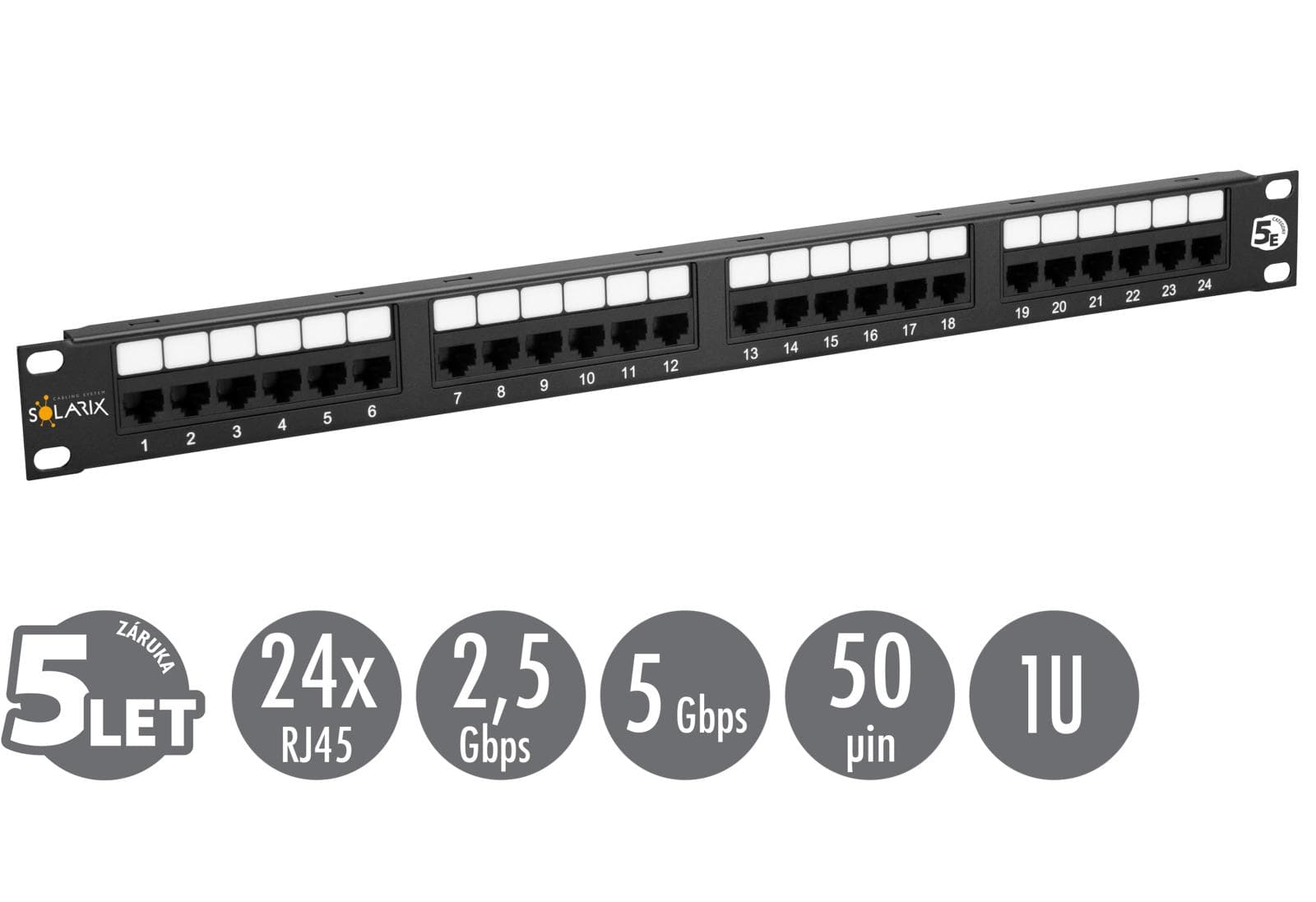 19" patch panel Solarix 24 x RJ45 CAT5E UTP 150 MHz čierny 1U SX24-5E-UTP-BK 1