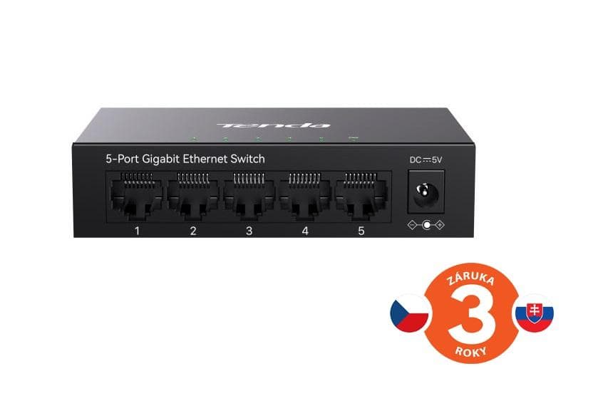 Tenda TEG1005M - 5x 10/100/1000 Mbps Kovový Switch, Fanless - bez ventilátorov, ochrana 6 kV 1