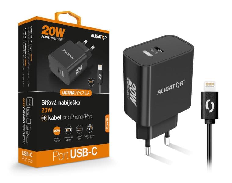 Múdra sieťová nabíjačka ALIGATOR Power Delivery 20W, USB-C kábel pre iPhone / iPad, čierna 1