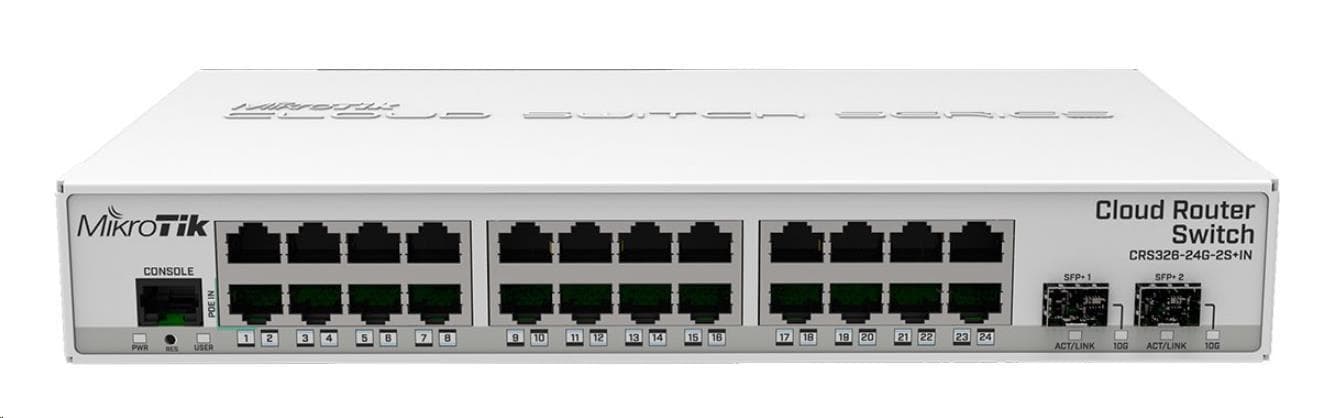 MikroTik Cloud Router Switch CRS326-24G-2S + IN, 800MHz CPU, 512MB RAM, 24xLAN, 2x SFP+, vr. L5 licencie 1