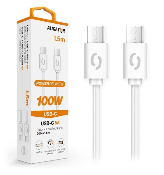 Dátový kábel ALIGATOR POWER 100W, USB-C/USB-C 5A, 1,5m biely