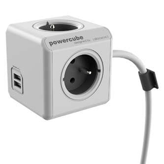 Síťový kabel 230V predlžovací, CEE7 (vidlica) - POWERCUBE, 1.5m, EXTENDED USB, sivý, POWERCUBE, 4 zásuvky, PD 20W A + C 1
