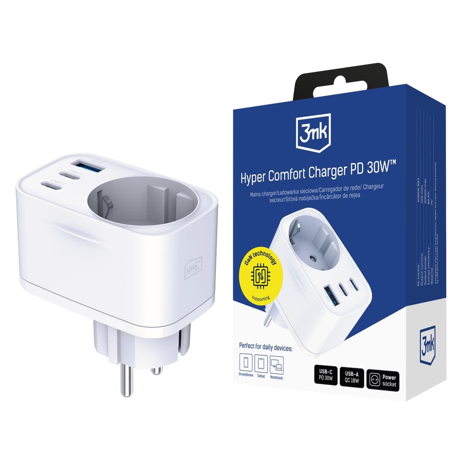 3mk sieťová nabíjačka Comfort Charger GaN 30W, biela 1