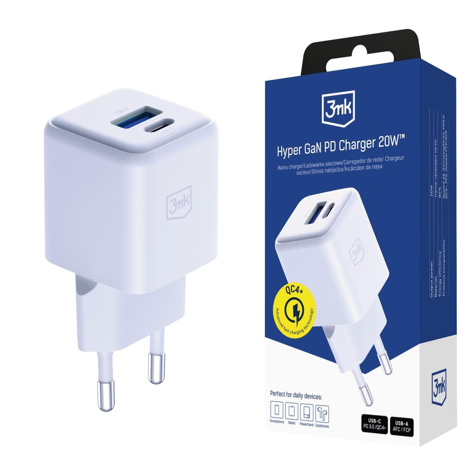 3mk sieťová nabíjačka Hyper GaN Charger 20W, biela