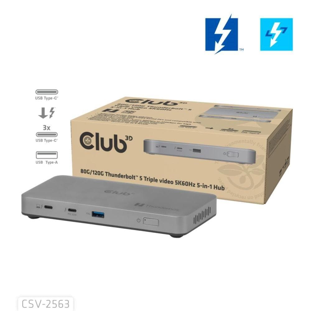 Club3D hub Thunderbolt 5 5v1, 3x USB-C TB5, 1x USB-A, 1x8K60Hz, 3x 5K60Hz, certifikácia Thunderbolt Share, 180W
