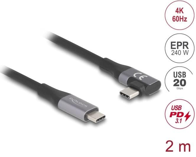 Delock Kábel USB 20 Gbps, pravouhlý ľavý / pravý USB PD 3.1 Extended Power Range 240 W 2 m