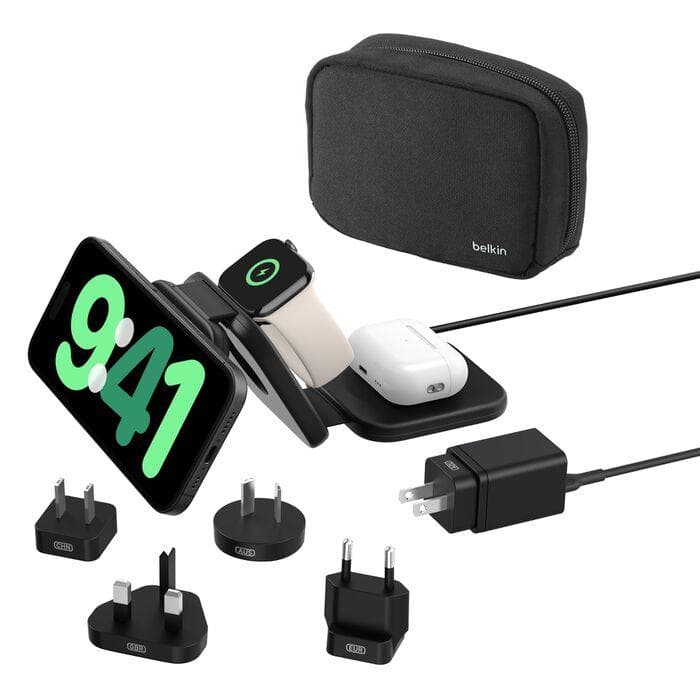 Belkin BOOST CHARGE PRE Qi2 3v1 Bezdrôtová skladacia cestovná podložka pre iPhone/Apple Watch/AirPods, čierna + adaptéry