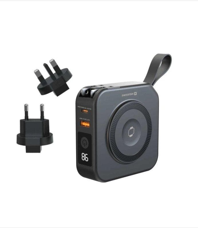 SWISSTEN POWER BANK ALL-IN-ONE PRE S VYMENITEĽNÝMI VIDLICIAMI (USA, EU, UK) 10000 mAh 20W ČIERNA