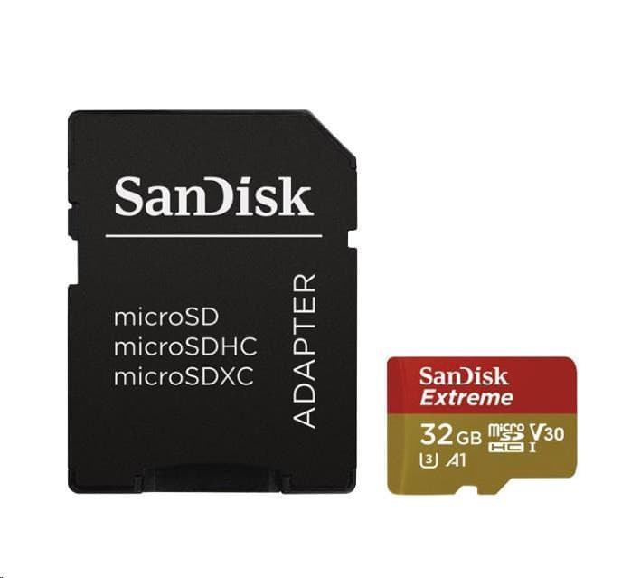 SanDisk MicroSDHC karta 32GB Extreme (100MB/s, Class 10 UHS-I V30, pre akčné kamery) + adaptér 1