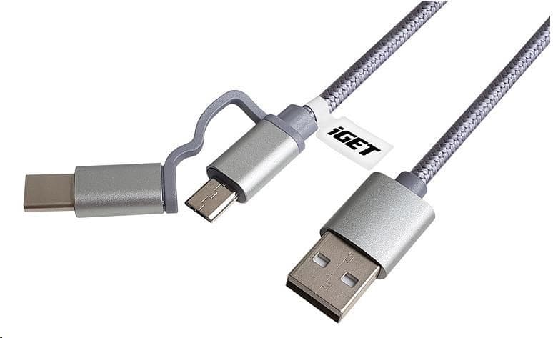 iGET G2V1 USB kábel 2v1, 1m, strieborný, microUSB aj USB-C, predĺžené koncovky 1