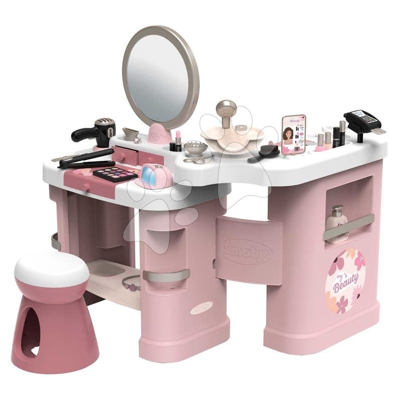 Kozmetický stolík s elektronickým fénom My Beauty Center 3v1 Smoby kaderníctvo a kozmetika s nechtovým štúdiom 26 doplnkov