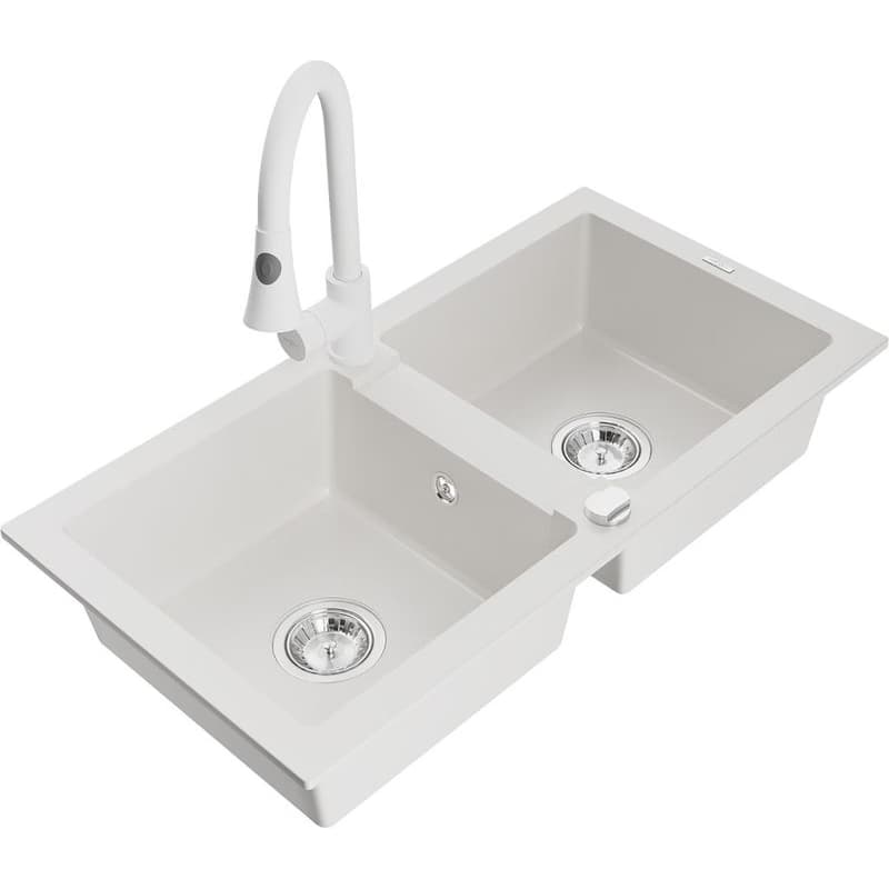 MEXEN/S MEXEN/S - Mario granitový drez 2-bowl vrátane batérie Elia, biela 6504-20-670101-20