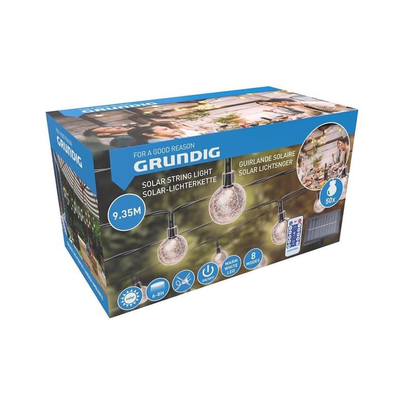 Grundig - stmievateľný solárny LED reťaz 50×LED/8 funkcií, 9,35 m, teplá biela + diaľkové ovládanie 8711252476810