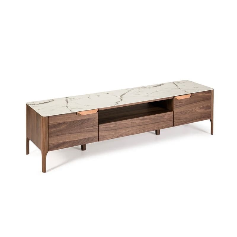 Estila Luxusný moderný TV stolík Forma Moderna z orechovo hnedého dreva s bielou vrchnou doskou s dizajnom kalkatského mramoru 180 cm