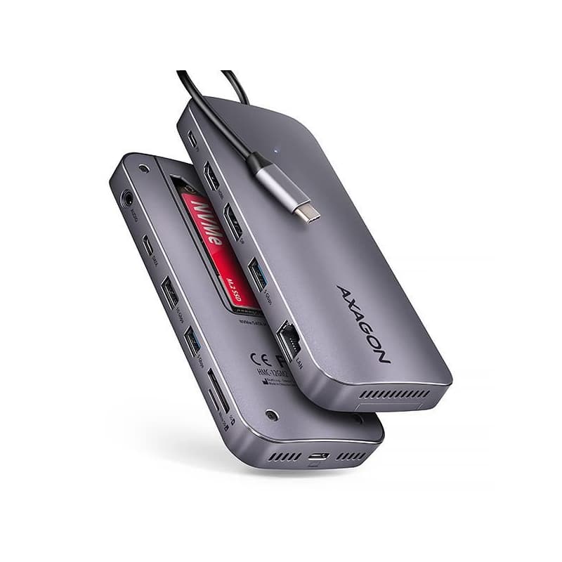 AXAGON HMC-12GM2, USB 10Gbps húb, 3x USB-A, USB-C, HDMI, DP, RJ-45 GLAN, M.2, SD/mSD, audio, PD 100W, kábel USB-C 50cm