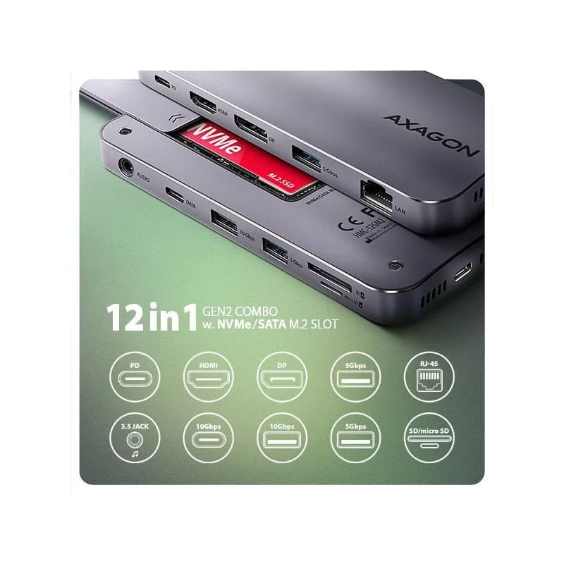 AXAGON HMC-12GM2, USB 10Gbps húb, 3x USB-A, USB-C, HDMI, DP, RJ-45 GLAN, M.2, SD/mSD, audio, PD 100W, kábel USB-C 50cm 2