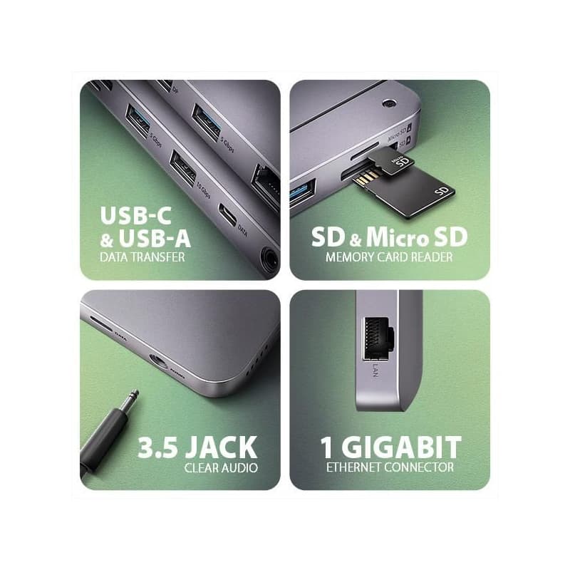 AXAGON HMC-12GM2, USB 10Gbps húb, 3x USB-A, USB-C, HDMI, DP, RJ-45 GLAN, M.2, SD/mSD, audio, PD 100W, kábel USB-C 50cm 3