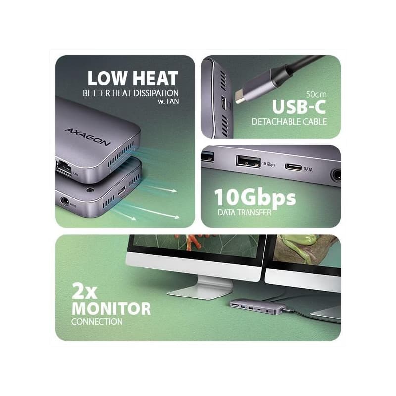 AXAGON HMC-12GM2, USB 10Gbps húb, 3x USB-A, USB-C, HDMI, DP, RJ-45 GLAN, M.2, SD/mSD, audio, PD 100W, kábel USB-C 50cm 5