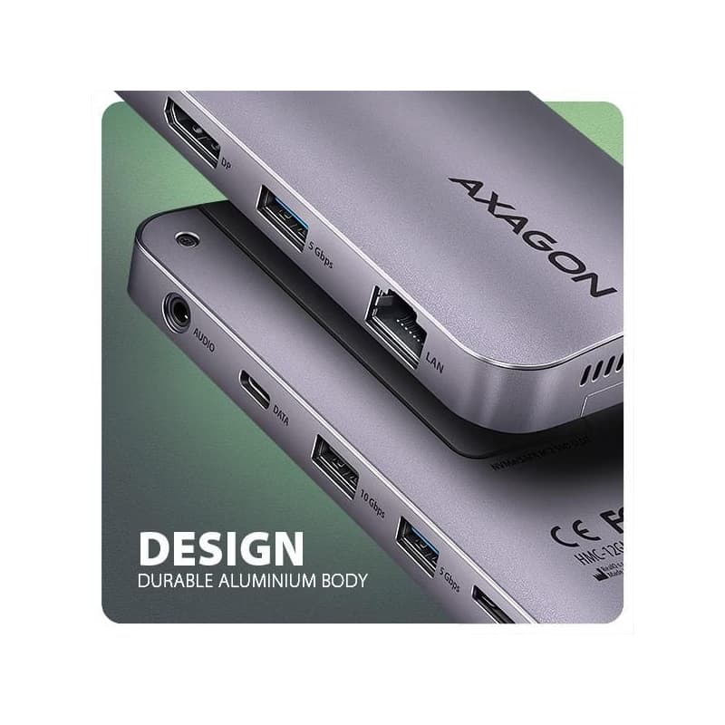 AXAGON HMC-12GM2, USB 10Gbps húb, 3x USB-A, USB-C, HDMI, DP, RJ-45 GLAN, M.2, SD/mSD, audio, PD 100W, kábel USB-C 50cm 6