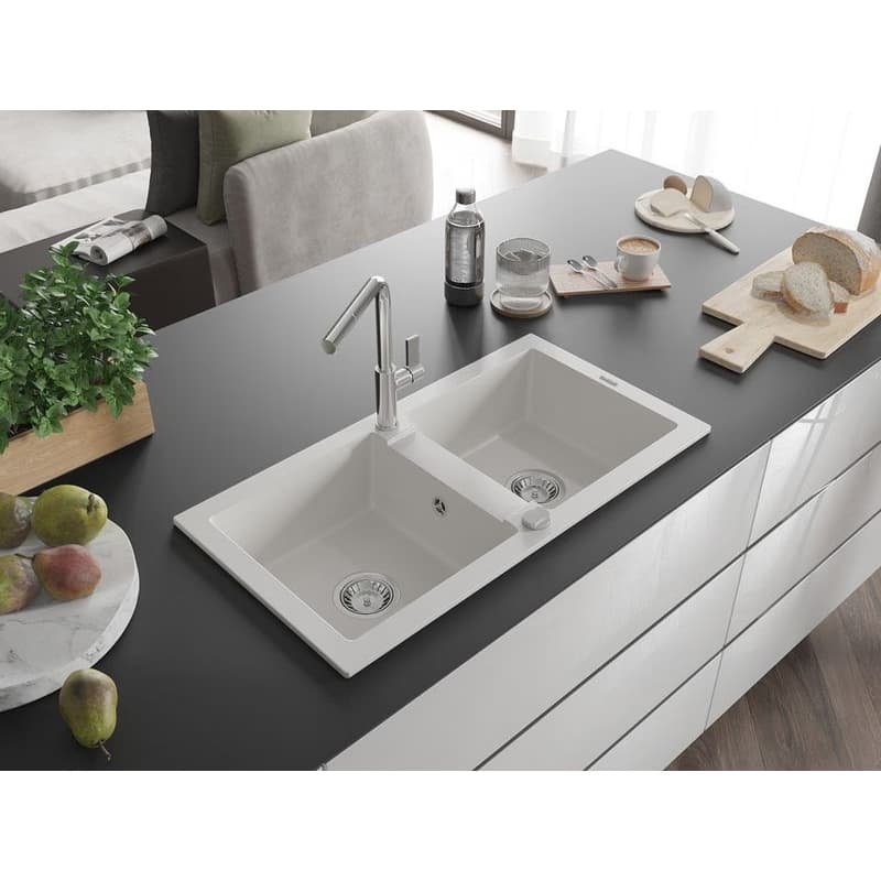 MEXEN/S MEXEN/S - Mario granitový drez 2-bowl vrátane batérie Flora, biela 6504-20-670401-00 2