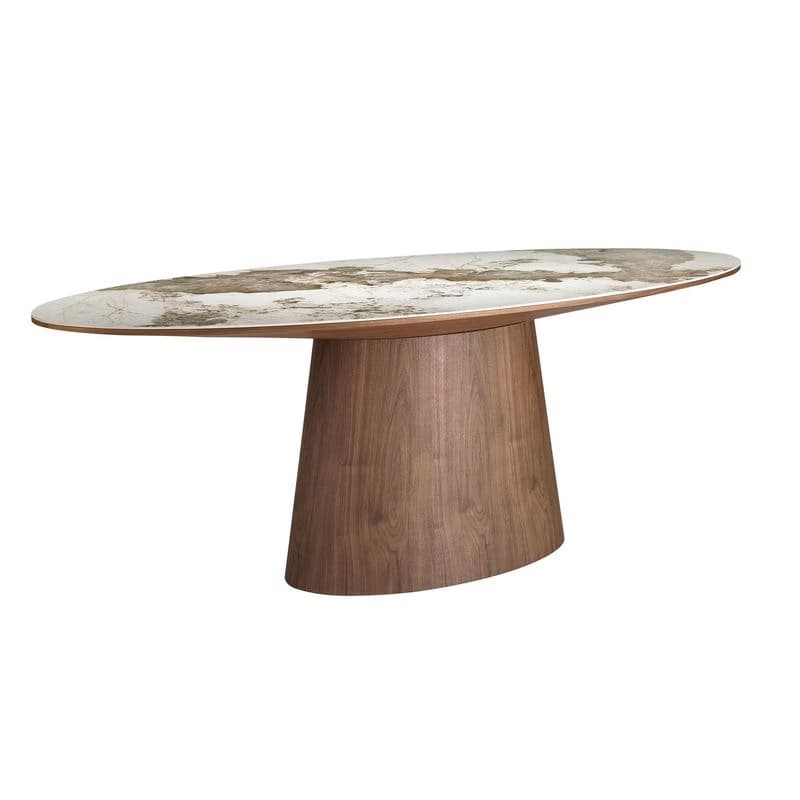 Estila Luxusný moderný biely porcelánový oválny jedálenský stôl Vita Naturale s mramorovým vzorom s nohou z hnedého dreva 220 cm