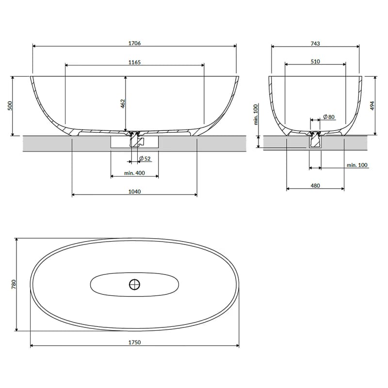 OMNIRES - SHELL M+ voľne stojaca vaňa, 175 x 78 cm, sivá/popol SHELL175WWAG 6