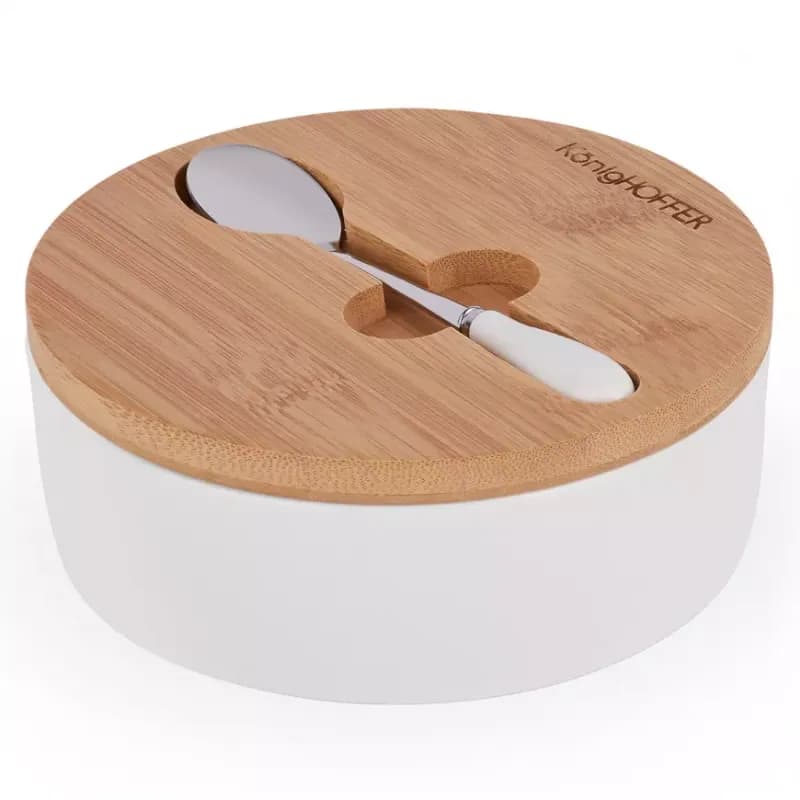 Keramická cukornička s bambusovým vekom 14,5x5 cm biela + lyžička