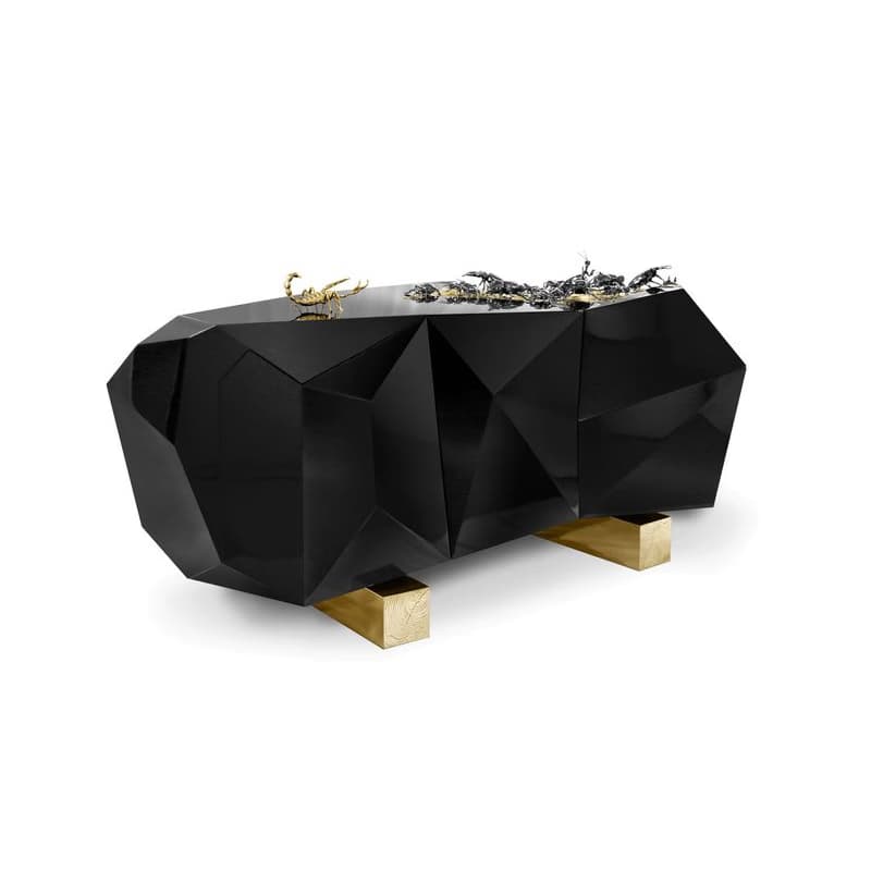 Estila Exkluzívna lesklá art-deco komoda z čierneho dreva s pozlátenou podstavou a mosadznými chrobákmi Diamond Metamorphosis 185 cm