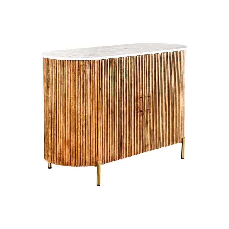 Estila Art deco oválny dvojdverový príborník Celestia s bielou mramorovou doskou a vrúbkovaným povrchom na zlatých nožičkách 102 cm