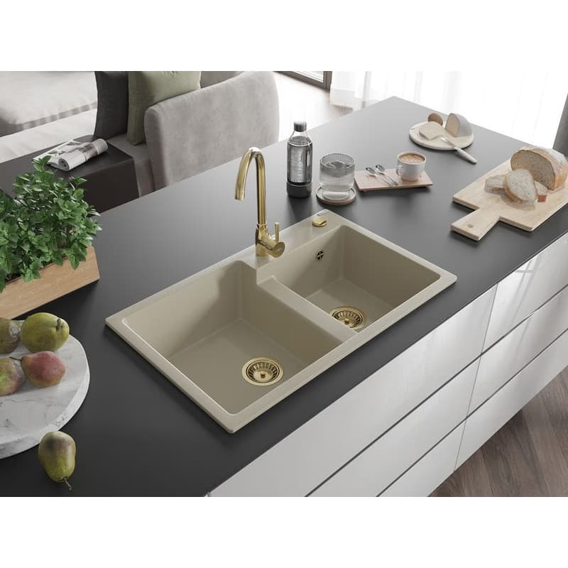 MEXEN/S MEXEN/S - Tomas granitový drez 2-bowl 800x500 mm, béžová, sifón zołty 6516802000-69-G 2