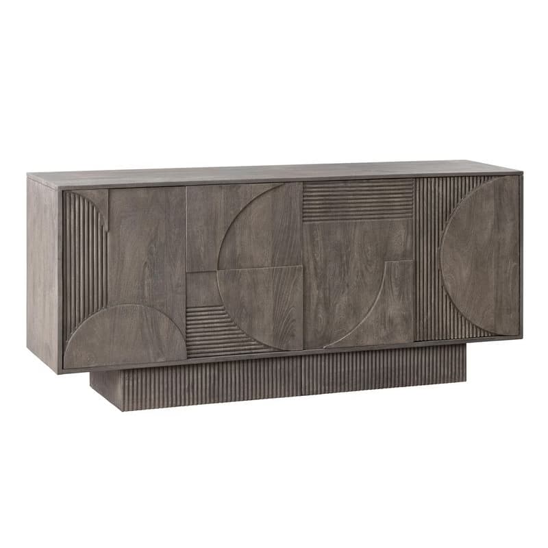 Estila Moderný art deco príborník Sonia so štyrmi dvierkami s geometrickým zdobením z masívneho mangového dreva v sivej farbe 170 cm