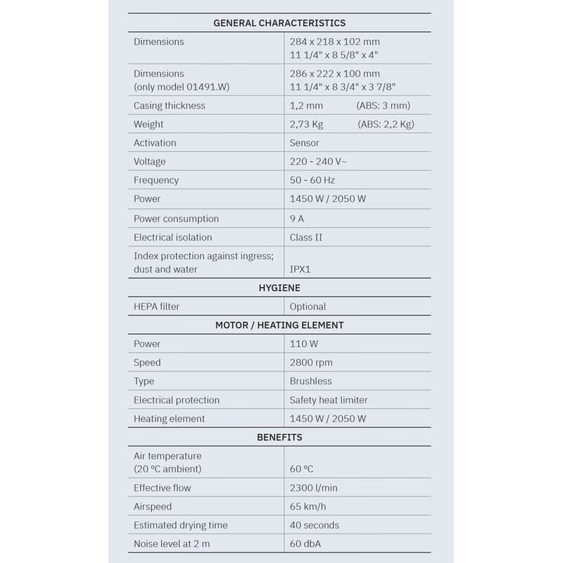 SAPHO - BIGFLOW EVO bezdotykový elektrický sušič rúk 220-240V, 2050W, 222x286x100, ABS/biela 01491.W 3