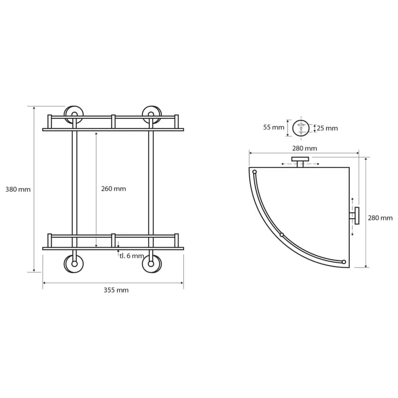 SAPHO - X-ROUND E polička sklo roh dvojitá s hrazdou 280x380x280, chróm XR604 2