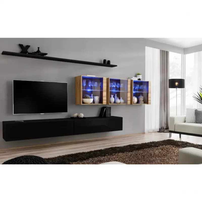 Obývacia stena Switch XVII Sklo +LED čierna/Wotan