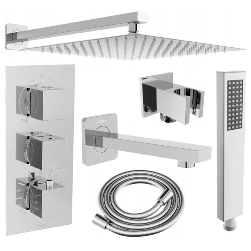 MEXEN/S - Cube DR02 podomietkový vaňový SET s vytokovou hubicou + slim sprcha 30, chróm 77503DR0230-00