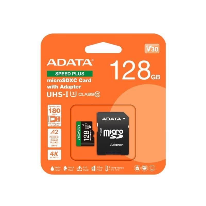 ADATA MicroSDXC karta 128 GB Speed Plus, U3, C10, A2, V30 (R: 180/W: 160 MB/s) + SD adaptér 3