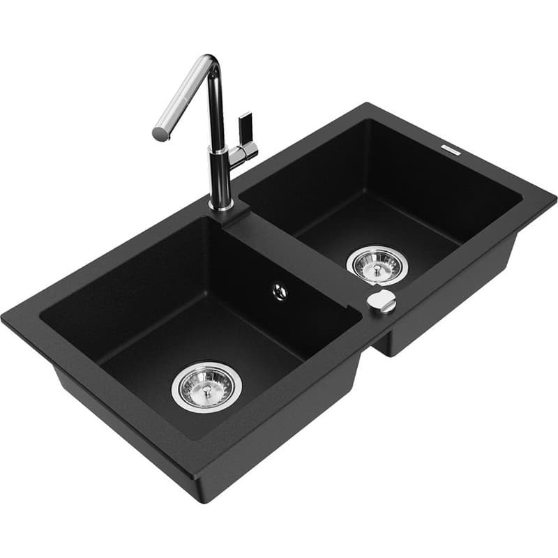 MEXEN/S MEXEN/S - Mario granitový drez 2-bowl vrátane batérie Flora, čierna 6504-77-670401-00